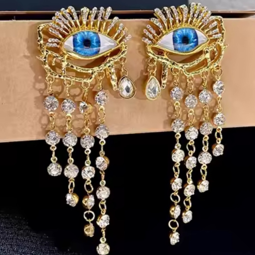New blue evil Eye-Shaped Gold and Blue Statement Earrings